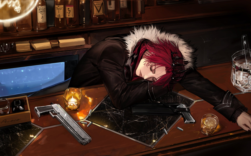 1boy absurdres alcohol bar_(place) black_jacket black_nails bottle box candle closed_mouth commentary counter crown cup curtained_hair drinking_glass english_commentary facial_mark fur-trimmed_jacket fur_trim gun handgun head_on_table highres holostars holostars_english ice ice_cube jacket jurard_t_rexford lips long_sleeves male_focus marble_(stone) nail_polish official_art paper parted_bangs redhead short_hair sitting sleeping sleeve_cuffs smile solo tongs upper_body virtual_youtuber watch watch weapon wine_bottle wz_(woyzeck)