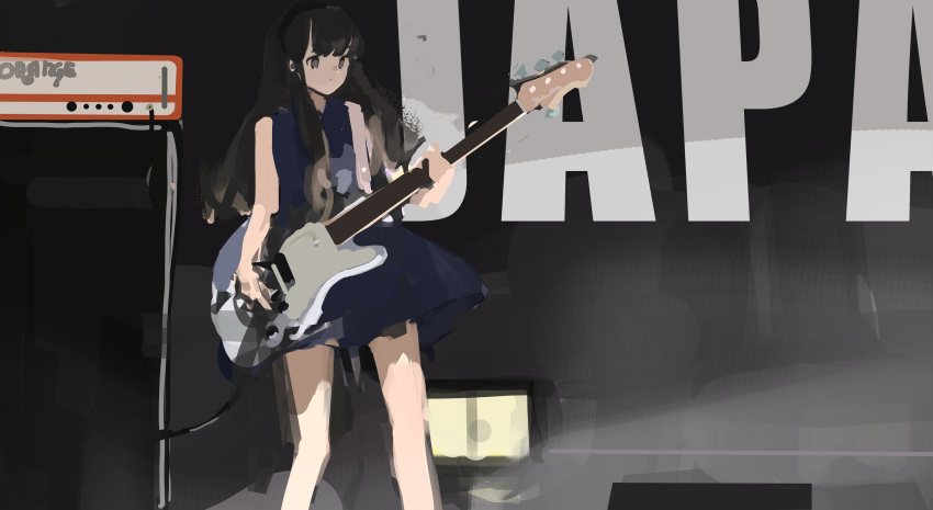 1girl absurdres bare_shoulders black_eyes black_hair black_hairband blue_dress character_request closed_mouth copyright_request dress hairband highres instrument long_hair music orval playing_guitar playing_instrument sleeveless sleeveless_dress solo
