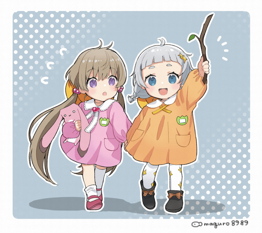 2girls :o a.i._voice ahoge arm_up asymmetrical_legwear binchou_maguro black_footwear blue_eyes blunt_bangs blush boots border brooch brown_hair child commentary_request flying_sweatdrops following full_body grey_background grey_hair hair_bobbles hair_ornament halftone halftone_background hat hat_on_back heart heart_brooch highres holding holding_hands holding_stick holding_stuffed_toy jewelry kindergarten_uniform kizuna_akari kizuna_akari_(moe) long_hair long_sleeves looking_at_another looking_at_viewer low_twintails mary_janes multiple_girls notice_lines open_mouth pantyhose puffy_long_sleeves puffy_sleeves red_footwear school_hat shoes single_loose_sock single_thighhigh smile sparkle_hair_ornament stick stuffed_animal stuffed_rabbit stuffed_toy thigh-highs tsukuyomi_ai twintails twitter_username uneven_legwear very_long_hair violet_eyes voiceroid walking white_border white_pantyhose