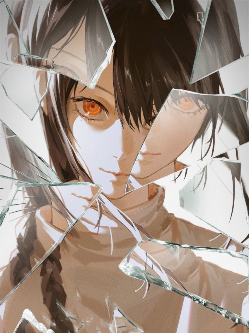 1girl black_hair braid chainsaw_man closed_mouth glass hair_over_one_eye highres long_hair looking_at_viewer nayuta_(chainsaw_man) red_eyes ringed_eyes shattered sidelocks simple_background solo sweater turtleneck uqi32 white_background