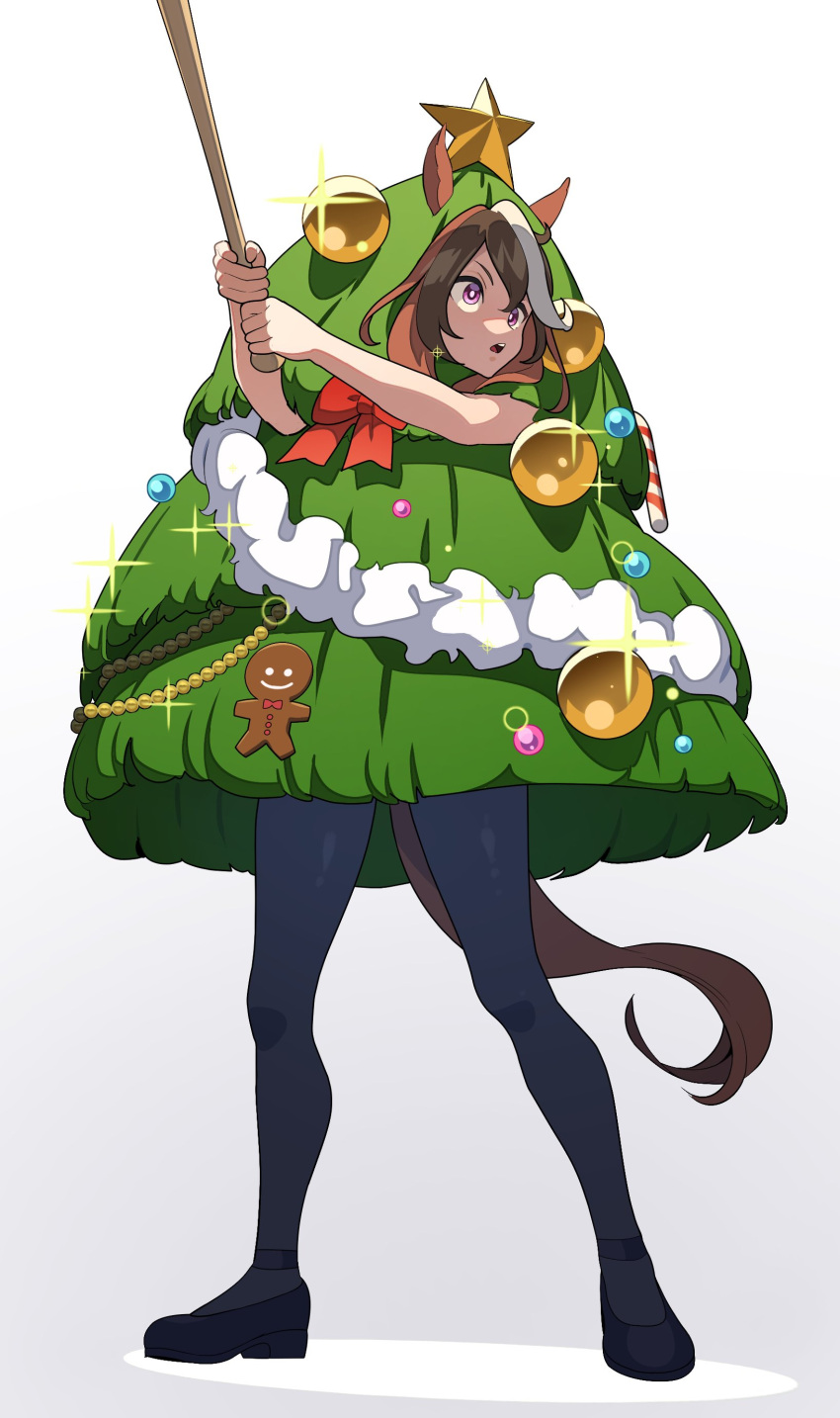 1girl absurdres animal_ears baseball_bat batting_stance black_footwear black_pantyhose bow brown_hair candy candy_cane christmas_ornaments christmas_tree_costume food full_body gingerbread_man high_heels highres holding holding_baseball_bat horse_ears horse_girl horse_tail looking_afar nishiki_kazue open_mouth outstretched_arms pantyhose red_bow shadow solo sparkle standing symboli_rudolf_(christmas_emperor_tree)_(umamusume) symboli_rudolf_(umamusume) tail umamusume violet_eyes