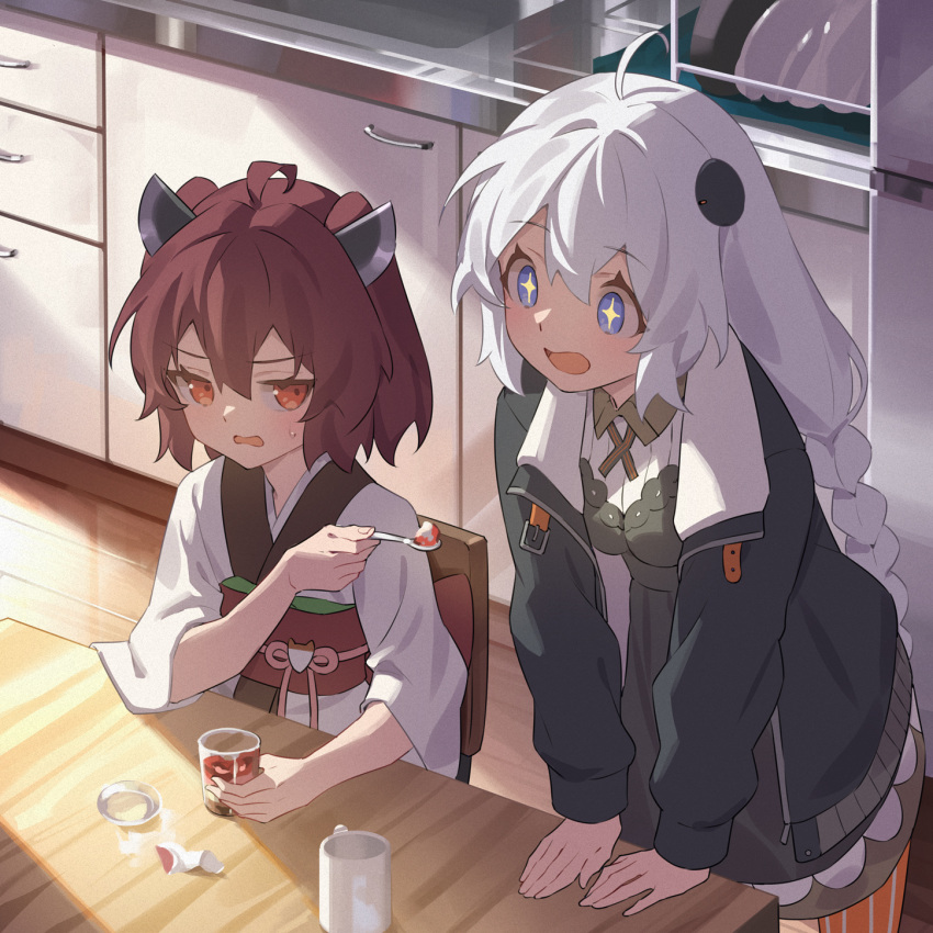 +_+ 2girls ahoge black_dress black_jacket blue_eyes blush braid brown_eyes brown_hair chair coffee_mug collared_shirt commentary cross_tie cup dress feeding from_above frown fur-trimmed_jacket fur_trim highres holding holding_spoon indoors jacket japanese_clothes kimono kitchen kizuna_akari leaning_forward leaning_on_table long_hair long_sleeves looking_at_another looking_at_food looking_to_the_side low_twin_braids mug multiple_girls obi obijime on_chair open_clothes open_jacket open_mouth orange_eyes parfait pinafore_dress reflective_floor ribbed_shirt sash sharing_food shirt short_twintails side-by-side sitting sleeveless sleeveless_dress smile spoon sweatdrop touhoku_kiritan twin_braids twintails vocaloid voiceroid white_hair white_kimono white_shirt wide_sleeves wooden_floor yamamomo_(plank)