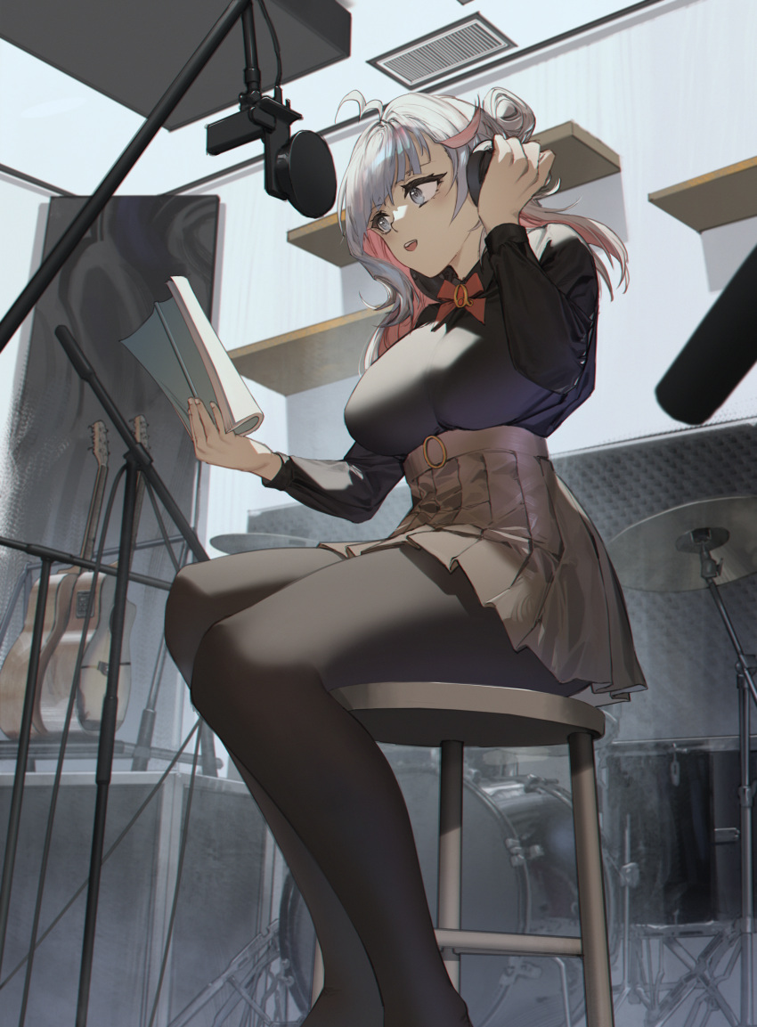 1girl absurdres ahoge black_pantyhose black_shirt bow breasts brown_skirt commentary commission copyright_request danzir drum drum_set english_commentary feet_out_of_frame grey_eyes grey_hair guitar hair_bun hand_up headphones high-waist_skirt highres holding indoors instrument long_hair medium_breasts multicolored_hair pantyhose pink_hair pixiv_commission pleated_skirt red_bow shirt sitting skirt solo stool teeth two-tone_hair upper_teeth_only virtual_youtuber