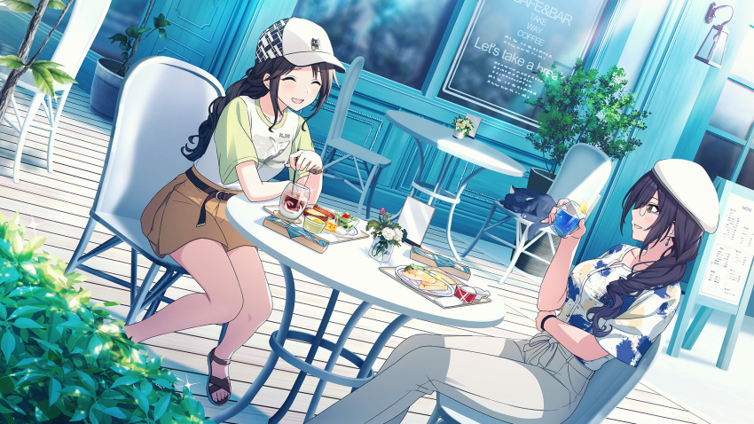 2girls alternate_costume animal baseball_cap beret black_cat black_hair bracelet braid breasts cafe cat chair closed_eyes collarbone cup drink earrings flower food friends fruit glass glasses hair_between_eyes hair_down hair_over_shoulder hat highres holding holding_cup ice ice_cube idolmaster idolmaster_shiny_colors idolmaster_shiny_colors_song_for_prism jewelry large_breasts lemon lemon_slice long_hair medium_breasts menu_board mitsumine_yuika multiple_girls official_alternate_costume official_alternate_hairstyle open_mouth outdoors pants patterned_clothing plant plate potted_plant rose sandals shirase_sakuya shirt shorts side_braid side_braids sidelocks single_braid sitting smile sunlight t-shirt table watch watch white_flower white_pants white_rose yellow_eyes