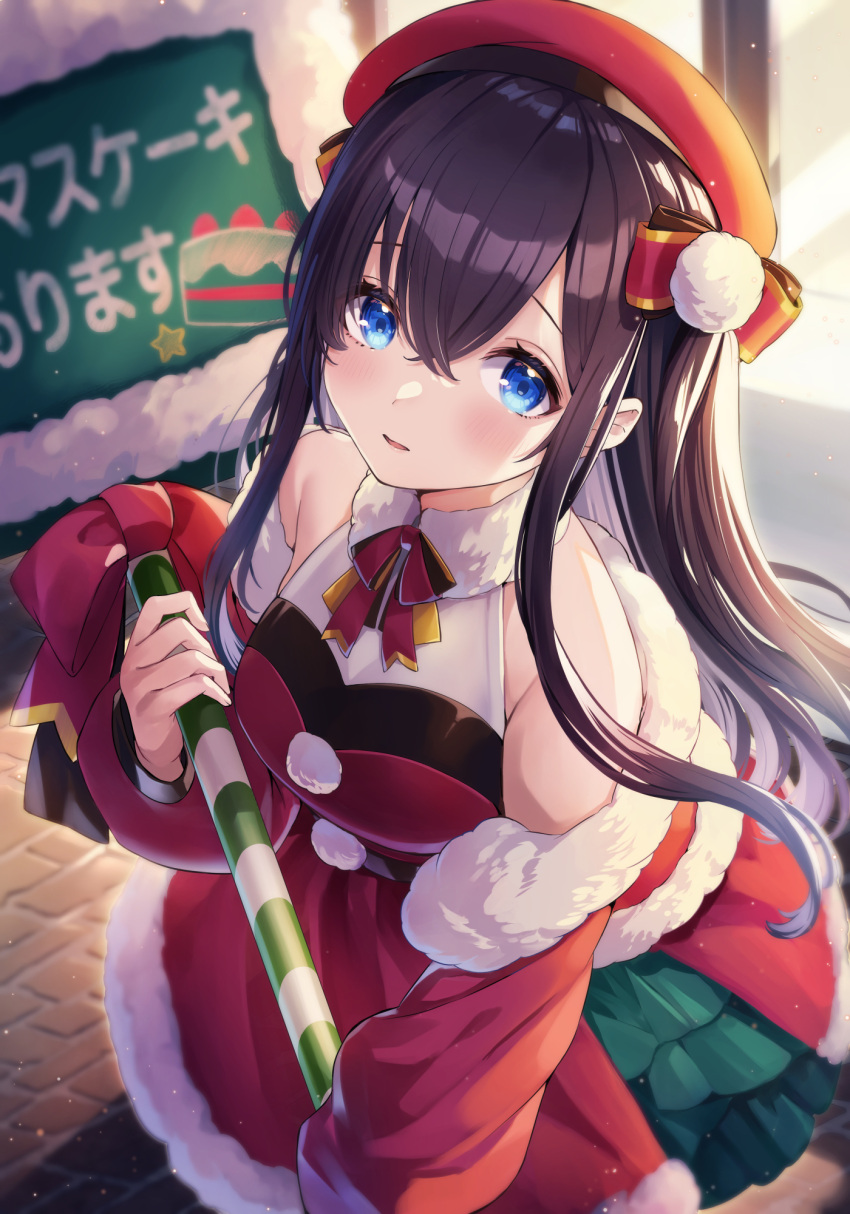 1girl ao_no_neko beret black_hair blue_eyes blush bow brick_floor cake christmas commentary_request dress food fur-trimmed_dress fur_trim green_dress hair_bow hat highres holding holding_sign long_hair original parted_lips placard pom_pom_(clothes) red_bow red_dress red_headwear santa_costume santa_dress sidelocks sign solo window