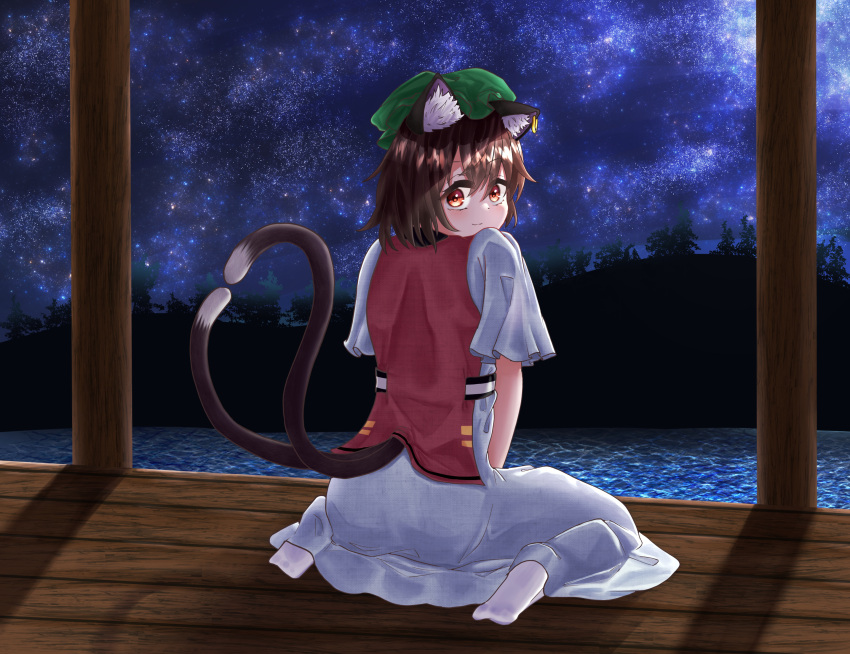 1girl absurdres animal_ear_fluff animal_ear_piercing animal_ears brown_eyes brown_hair cat_ears cat_tail chen commentary_request double-parted_bangs dress earrings foul_detective_satori from_behind full_body hair_between_eyes hat highres jewelry light_smile looking_at_viewer looking_back mob_cap multiple_tails night night_sky shadow short_hair short_sleeves single_earring sitting sky solo star_(sky) tail touhou tree tsubakipan two_tails wariza white_dress