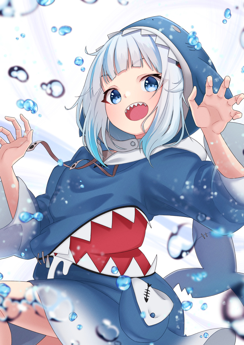 1girl absurdres animal_hood blue_dress blue_eyes blue_hair blurry claw_pose cowboy_shot depth_of_field dress eyes_visible_through_hair gawr_gura gawr_gura_(1st_costume) hands_up hayashirice highres hololive hololive_english hood hood_up hooded_dress light_blush light_particles looking_at_viewer open_mouth shark_hood sharp_teeth short_hair smile solo teeth upper_teeth_only virtual_youtuber water_drop