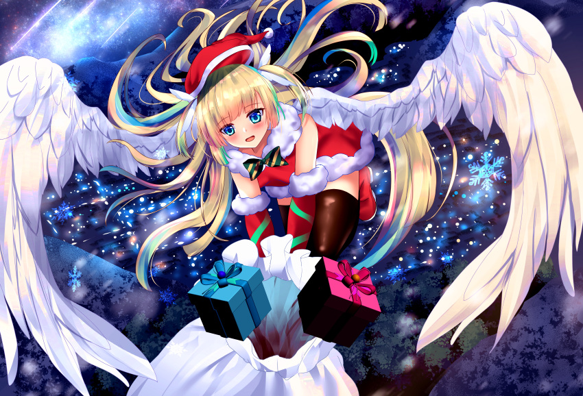 1girl absurdres alternate_costume angel angel_wings bare_shoulders black_thighhighs blonde_hair blue_eyes blue_hair blunt_bangs blush boots bow box christmas city_lights commentary dress elbow_gloves floating_hair flying from_above full_body fur-trimmed_dress fur-trimmed_gloves fur_trim gift gift_bag gift_box gloves green_bow hat highres izumikuu long_hair looking_at_viewer mountainous_horizon multicolored_hair night open_mouth outdoors santa_boots santa_costume santa_dress santa_gloves santa_hat shirayuki_noa shooting_star short_dress sky sleeveless sleeveless_dress smile snowflakes solo star_(sky) starry_sky streaked_hair tenshi_souzou_re-boot! thigh-highs two_side_up very_long_hair white_wings wing_hair_ornament wings zettai_ryouiki