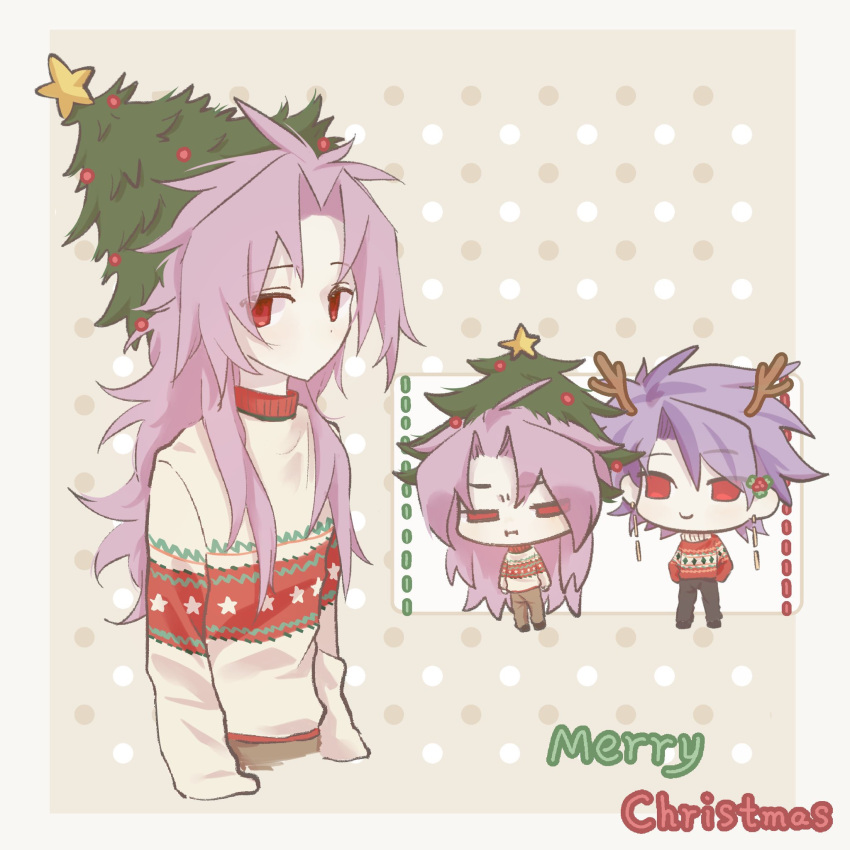 2boys black_pants brown_pants chibi chinese_commentary christmas christmas_sweater christmas_tree_hat closed_mouth commentary_request earrings english_text fake_antlers hatsutori_hajime highres jewelry long_hair male_focus merry_christmas multiple_boys no_mouth no_nose pants parted_bangs pink_hair purple_hair red_eyes red_sweater saibou_shinkyoku short_hair smile star_(symbol) star_print sweater theodore_riddle yellow_sweater youli_taimao