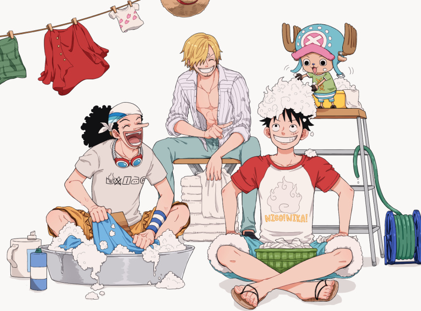 4boys ^_^ antlers black_hair blonde_hair blue_pants bubble closed_eyes commentary_request crossed_legs curly_eyebrows goatee_stubble goggles goggles_around_neck green_shirt hat highres hocpoc looking_up monkey_d._luffy multiple_boys mustache_stubble one_piece open_clothes open_shirt pants red_shirt reindeer_antlers sandals sanji_(one_piece) scar scar_on_face shirt shorts simple_background sitting smile straw_hat tony_tony_chopper usopp washing_clothes white_background wristband