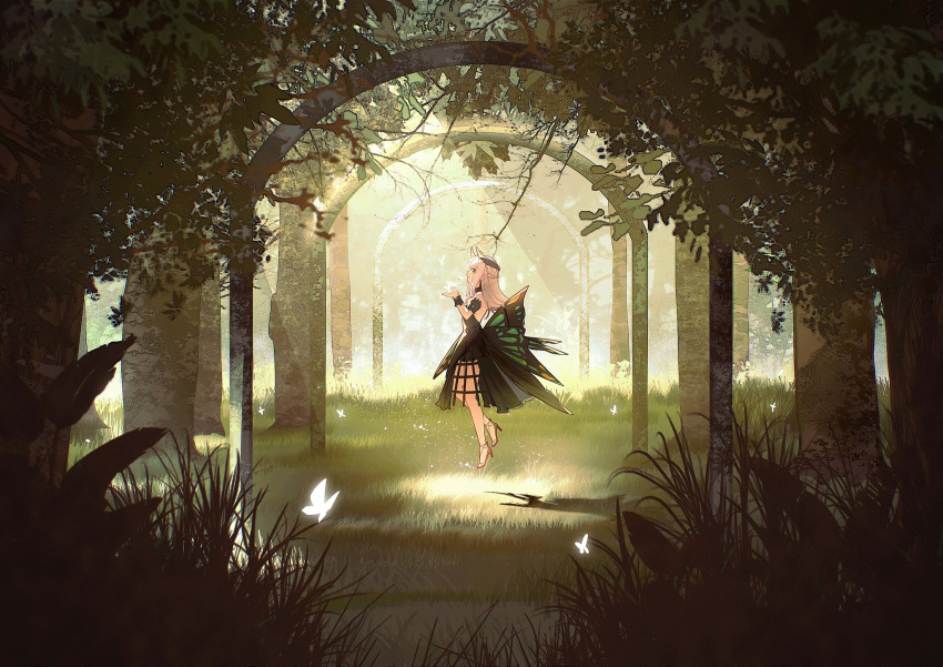 1girl bare_shoulders black_dress braid butterfly_wings detached_sleeves dress french_braid grey_hair high_heels highres insect_wings liv:_empyrea_(dreamcatcher)_(punishing:_gray_raven) liv:_empyrea_(punishing:_gray_raven) liv_(punishing:_gray_raven) long_hair nekoko1551 puffy_sleeves punishing:_gray_raven scrunchie short_sleeves sidelocks solo wing_hair_ornament wings wrist_scrunchie