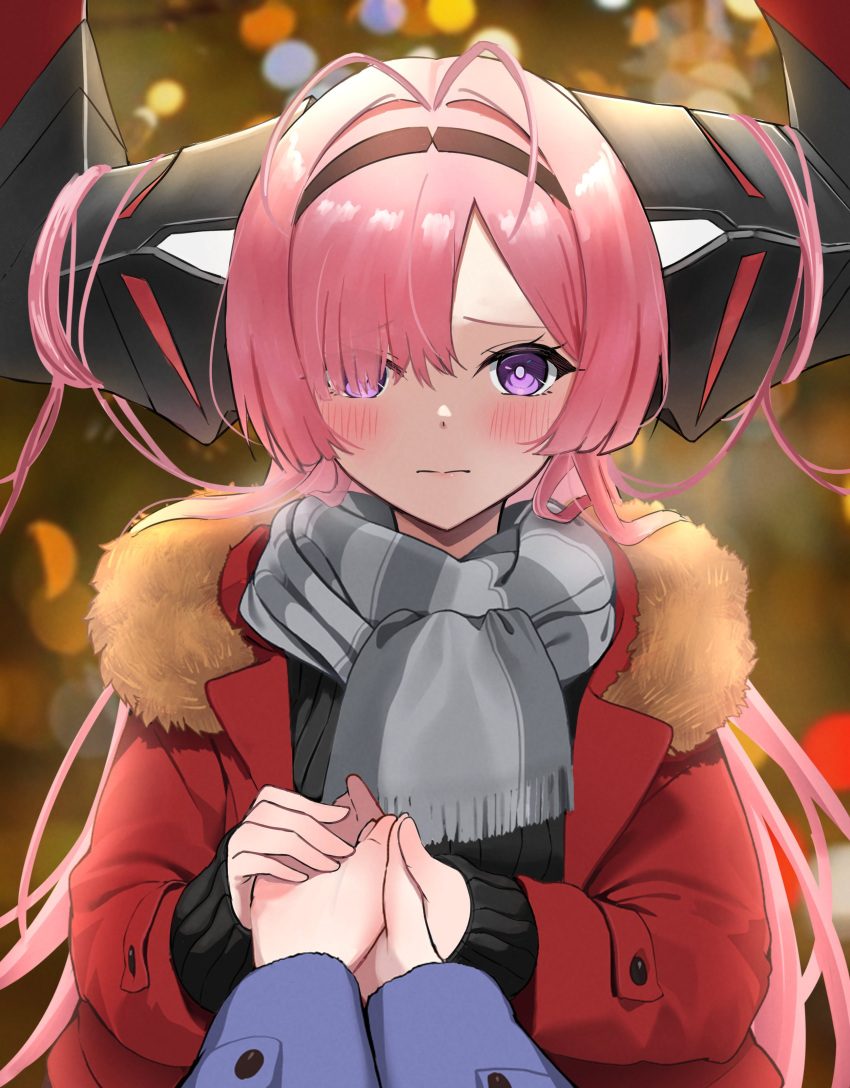 1girl absurdres antenna_hair azur_lane black_hairband black_sweater blue_coat blurry blurry_background blush closed_mouth coat commander_(azur_lane) commentary_request grey_scarf hair_on_horn hair_over_one_eye hairband hands_up highres holding_hands large_horns long_hair long_sleeves looking_at_viewer pink_hair pov prinz_rupprecht_(azur_lane) red_coat scarf soul_(dp11) sweater upper_body violet_eyes