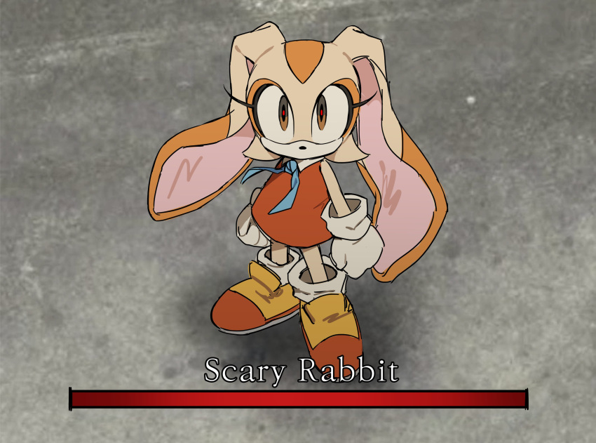 1girl absurdres animal_ears animal_nose bare_shoulders blue_ribbon brown_eyes clenched_hand collared_dress cream_the_rabbit dark_souls_(series) dress empty_eyes gameplay_mechanics gloves health_bar highres long_eyelashes looking_at_viewer muzzle neck_ribbon no_mouth parody rabbit_ears rabbit_girl red_dress red_footwear red_pupils ribbon sleeveless sleeveless_dress socks solo sonic_(series) two-tone_footwear unneul very_long_ears white_gloves white_socks