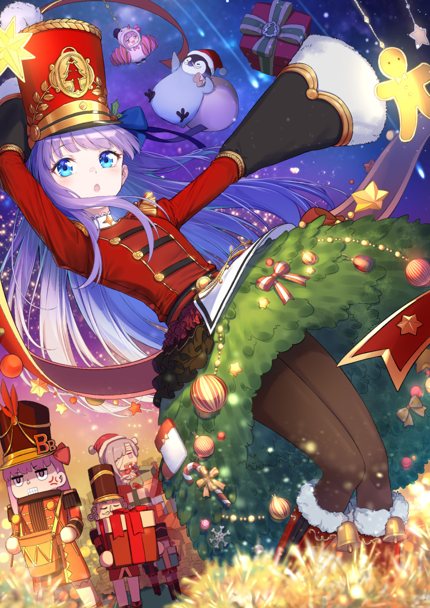 4girls bb_(fate) bb_(fate/extra) bird black_skirt blue_eyes blue_ribbon blush box breasts christmas coffeekite epaulettes fate/extra fate/extra_ccc fate/grand_order fate_(series) gift gift_box gradient_sky green_skirt hair_ribbon hat highres jacket kingprotea_(fate) long_hair long_sleeves looking_at_viewer meltryllis_(fate) multiple_girls night night_sky nutcracker open_mouth passionlip_(fate) peaked_cap penguin purple_hair red_headwear red_jacket ribbon skirt sky sleeves_past_fingers sleeves_past_wrists small_breasts solo_focus very_long_hair