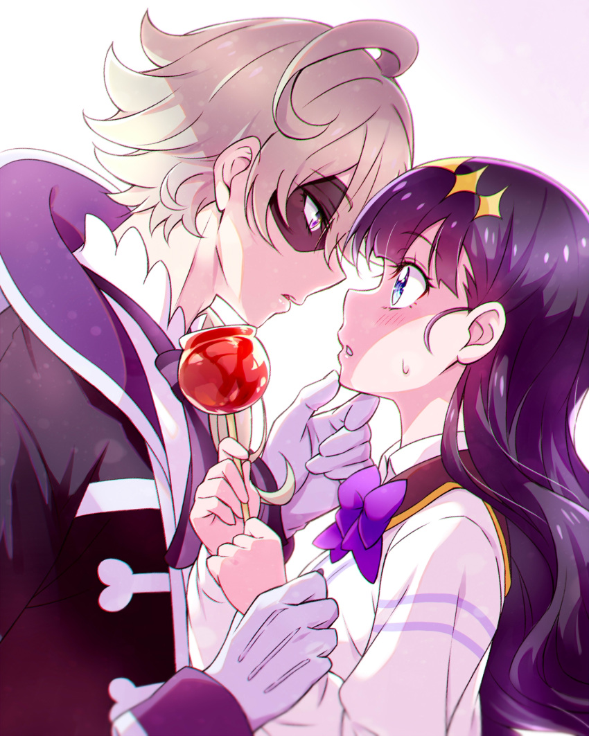 1boy 1girl black_coat black_hair black_sailor_collar blue_eyes bow bowtie candy_apple coat couple delicious_party_precure eye_contact food gloves grey_hair height_difference hetero highres holding_another's_wrist imminent_kiss kasai_amane kyoutsuugengo long_hair long_sleeves looking_at_another narcistoru open_clothes open_coat precure purple_bow purple_bowtie sailor_collar sailor_shirt shirt short_hair violet_eyes white_gloves white_shirt