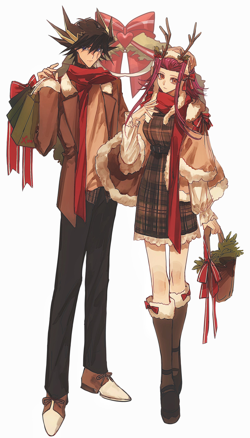 1boy 1girl absurdres alternate_costume bag basket belt black_belt black_hair black_pants blue_eyes bow brown_eyes brown_footwear brown_headwear brown_jacket brown_shirt chest_strap christmas collared_shirt commentary couple dress facial_mark facial_tattoo fake_antlers frilled_dress frills fudou_yuusei fur-trimmed_headwear fur-trimmed_jacket fur-trimmed_socks fur_trim hair_bow hand_up heart high_collar highres holding holding_bag holding_basket izayoi_aki jacket kneehighs layered_shirt light_smile long_bangs long_sleeves marking_on_cheek matching_outfits medium_hair multicolored_hair naoki_(2rzmcaizerails6) open_clothes open_jacket pants plaid plaid_shirt plaid_vest puffy_long_sleeves puffy_sleeves purple_hair red_bow red_ribbon red_scarf ribbon scarf shirt shopping_bag short_hair socks spiky_hair streaked_hair symbol-only_commentary tattoo vest white_background winter_clothes yu-gi-oh! yu-gi-oh!_5d's