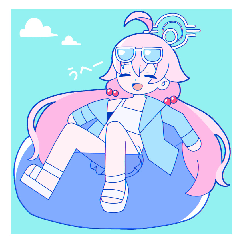 1girl ahoge blue_archive blue_background blue_jacket border chibi closed_eyes clouds eyewear_on_head genmai_chaban hair_bobbles hair_ornament halo highres hoshino_(blue_archive) inflatable_toy jacket open_mouth outline pink_hair sandals skirt smile solo sunglasses tank_top white_border white_footwear white_skirt white_tank_top