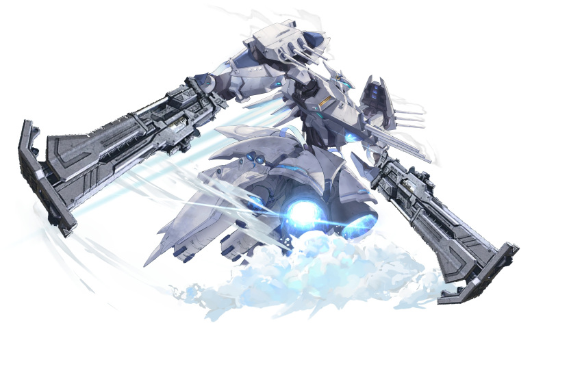 absurdres armored_core armored_core_6 azur_lane chest_cannon commentary dishwasher1910 dual_wielding english_commentary flying guam_(azur_lane) gun highres holding holding_gun holding_weapon mecha no_humans robot rocket_engine shoulder_cannon thrusters weapon