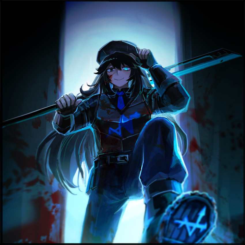 1boy arm_up baseball_cap belt black_belt black_eyes black_footwear black_hair black_headwear blue_eyes blue_pants boots closed_mouth flaw_eight hat heterochromia high_ponytail highres hong_lu_(project_moon) limbus_company long_hair pants project_moon smile solo very_long_hair