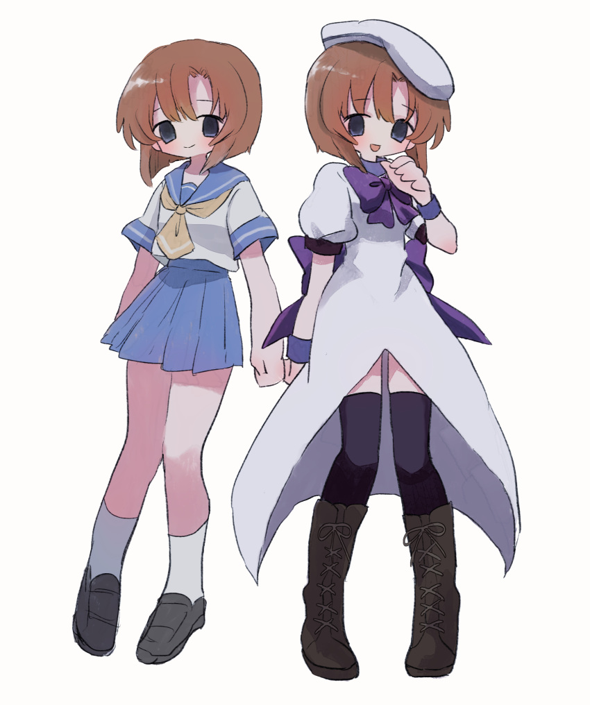 2girls black_eyes black_thighhighs blue_skirt blush boots bow breasts brown_footwear brown_hair character_request check_character closed_mouth cross-laced_footwear highres higurashi_no_naku_koro_ni knee_boots looking_at_viewer medium_breasts medium_hair multiple_girls open_mouth pleated_skirt puffy_short_sleeves puffy_sleeves purple_bow ri_(qrcode) ryuuguu_rena short_hair short_sleeves simple_background skirt smile socks thigh-highs white_background white_socks