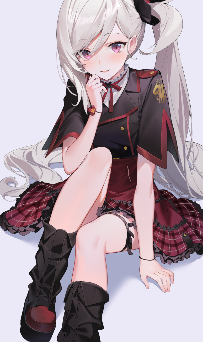 1girl absurdres black_footwear black_scrunchie black_shirt blue_archive blush boots frilled_skirt frills hair_ornament hair_scrunchie highres isaya_(pixiv4541633) long_hair looking_at_viewer mutsuki_(blue_archive) open_mouth pink_eyes red_skirt scrunchie shirt short_sleeves side_ponytail sitting skirt smile solo very_long_hair white_hair