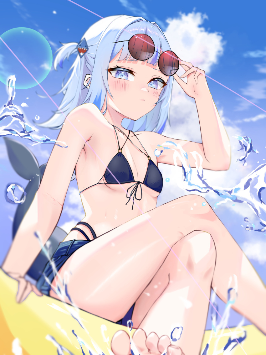 1girl absurdres bikini black_bikini blue_eyes blue_hair blue_sky blunt_bangs blush breasts cloud collarbone crossed_legs day eyewear_on_head feet fins fish_tail front-tie_bikini_top front-tie_top gawr_gura glasses hair_ornament highres hololive hololive_english innertube looking_at_viewer medium_hair multicolored_hair ocean oiranoid outdoors shark_girl shark_hair_ornament shark_tail shorts sitting sky small_breasts solo streaked_hair sunglasses swimsuit tail thighs toes two_side_up virtual_youtuber water white_hair