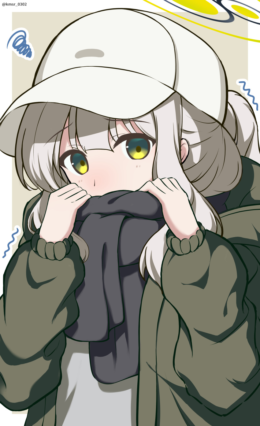 1girl absurdres baseball_cap black_scarf blue_archive blush brown_background commentary_request covered_mouth green_eyes grey_hair grey_headwear grey_shirt hair_between_eyes halo hands_up hare_(blue_archive) hat highres hood hood_down hooded_jacket jacket kamishiro_(rsg10679) long_hair long_sleeves looking_at_viewer open_clothes open_jacket ponytail puffy_long_sleeves puffy_sleeves scarf shirt sidelocks solo squiggle trembling two-tone_background upper_body white_background