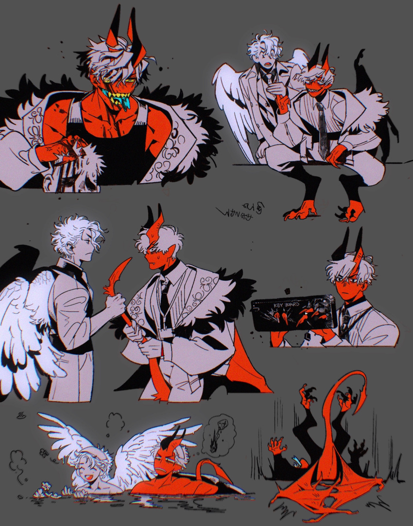 2boys angel angel_wings animal_feet back_cutout between_legs black_tank_top blood blood_on_chest blood_on_face blood_on_hands blue_eyes blue_tongue broken censored_gesture claws closed_mouth clothing_cutout coat collared_coat collared_shirt colored_sclera colored_skin colored_tongue crash demon_boy demon_wings digitigrade fallen_down fang fang_out feathered_wings flower forked_tongue frown fur-trimmed_jacket fur_trim furrowed_brow gloves grey_background grey_hair hand_up hands_up highres holding_another's_tail holding_head holding_own_tail horns jacket kaibatu2mm keyboard_(computer) long_sleeves looking_at_another looking_at_viewer looking_to_the_side male_focus middle_finger monster_boy multiple_boys multiple_views necktie onsen open_mouth original partially_colored pointy_ears puffy_long_sleeves puffy_sleeves red_horns red_skin red_wings severed_head sharp_teeth shirt short_hair simple_background sitting slit_pupils solo standing tail tail_between_legs tank_top teeth tongue tongue_out towel towel_on_head water wings yellow_sclera yellow_teeth