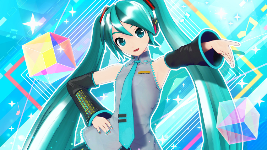 1girl aqua_eyes aqua_hair aqua_nails aqua_necktie armpits bare_shoulders beamed_eighth_notes black_skirt black_sleeves breasts collared_shirt detached_sleeves eighth_note grey_shirt hair_between_eyes hand_on_own_hip hatsune_miku highres long_hair looking_at_viewer miniskirt multicolored_background musical_note nail_polish necktie official_art open_mouth outstretched_arm project_diva_(series) shirt skirt sleeveless sleeveless_shirt small_breasts solo standing twintails upper_body very_long_hair vocaloid wide_sleeves