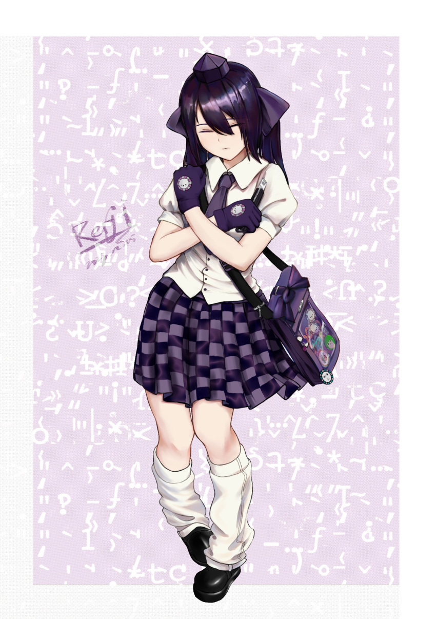 1girl badge bag black_footwear bow boxcutter button_badge checkered_clothes checkered_skirt closed_eyes closed_mouth collared_shirt commentary_request cookie_(touhou) expressionless full_body gloves hair_between_eyes hair_bow hat hata-tan_(rui_(hershe)) highres himekaidou_hatate holding_boxcutter long_bangs long_hair loose_socks pill puffy_short_sleeves puffy_sleeves purple_bow purple_gloves purple_hair purple_headwear purple_skirt reiji_(zero) shirt shoes short_sleeves skirt socks solo standing text_background tokin_hat touhou white_shirt white_socks x_arms yurina_amado