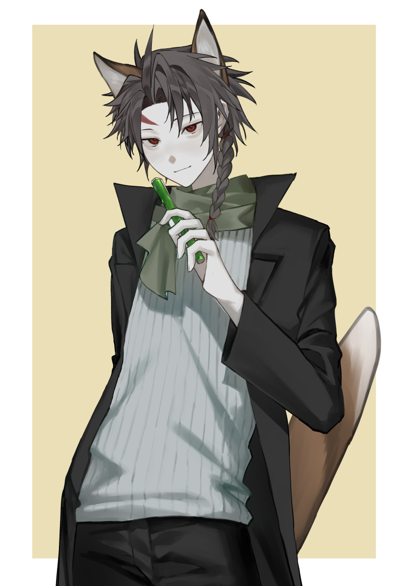 1boy absurdres animal_ears black_coat black_pants chinese_commentary closed_mouth coat commentary_request cowboy_shot fox_boy fox_ears fox_tail green_scarf grey_sweater harada_minoru highres holding holding_pen kemonomimi_mode kyoko_(akakikyoko) male_focus open_clothes open_coat pale_skin pants pen ribbed_sweater saibou_shinkyoku sanpaku scar scar_on_face scar_on_forehead scarf simple_background smile solo sweater tail