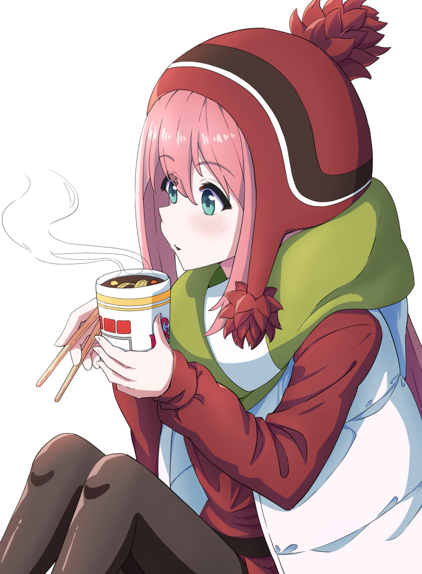 1girl absurdres blowing blue_eyes blush chopsticks commentary_request cup cup_noodle food hair_between_eyes hair_ornament highres hinoaki holding holding_chopsticks holding_cup kagamihara_nadeshiko long_hair pink_hair pom_pom_beanie scarf short_hair white_background winter_clothes yurucamp