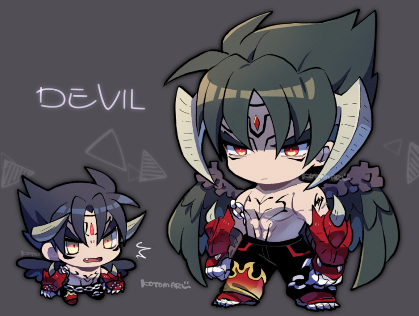 2boys abs black_hair black_pants black_wings chain chest_tattoo closed_mouth devil_jin fang forehead_jewel gloves grey_background grey_horns horns kazama_jin kotorai male_focus multiple_boys navel no_nose open_mouth pants pectorals red_eyes red_gloves short_hair shoulder_tattoo studded_gloves surprised tattoo tekken topless_male wings