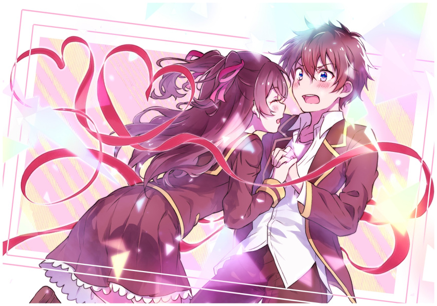 1boy 1girl blazer blue_eyes brown_hair brown_jacket brown_pants brown_skirt closed_eyes collared_shirt couple delicious_party_precure dress_shirt floating_hair hair_ribbon hetero highres holding_hands interlocked_fingers jacket kyoutsuugengo long_hair long_sleeves looking_at_another miniskirt nagomi_yui open_clothes open_jacket pants pleated_skirt precure red_ribbon ribbon school_uniform shinada_takumi shinsen_middle_school_uniform shirt short_hair skirt twintails white_shirt wing_collar