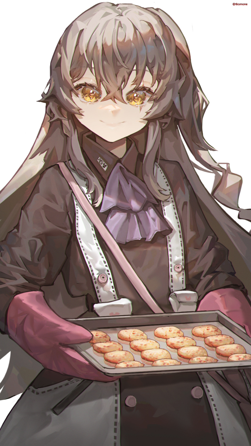 1girl ascot black_dress brown_hair dress food girls_frontline hair_between_eyes highres holding holding_food holding_tray long_hair looking_at_viewer mittens orange_eyes purple_ascot scar scar_across_eye scar_on_face smile tkom tray twitter_username two-tone_dress ump45_(agent_lop_rabbit)_(girls'_frontline) ump45_(girls'_frontline) upper_body white_background white_dress