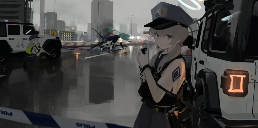 2girls absurdres black_pantyhose black_vest blue_archive blue_eyes blue_headwear building caution_tape city gloves grey_hair halo highres kneeling long_hair looking_at_viewer low_twintails motor_vehicle multiple_girls open_mouth orval outdoors pantyhose police police_uniform shirt short_sleeves twintails uniform valkyrie_police_academy_student_(sg)_(blue_archive) vest white_gloves white_shirt