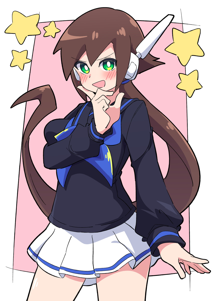 1girl absurdres aile_(mega_man_zx) alternate_costume blue_neckerchief blush brown_hair buzzlyears green_eyes highres long_hair looking_at_viewer mega_man_(series) mega_man_zx neckerchief open_mouth pleated_skirt skirt smile solo white_skirt