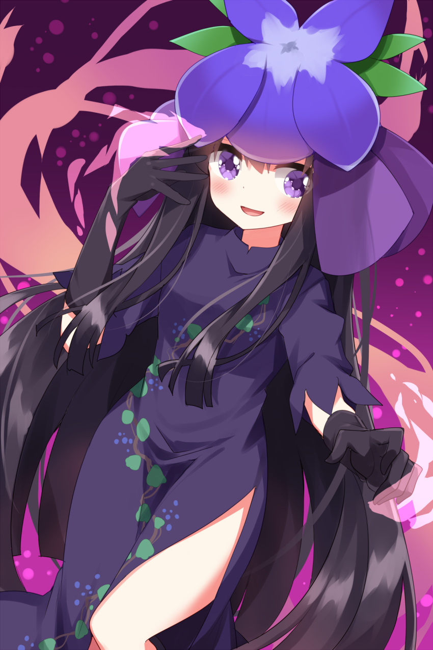1girl :d black_dress black_gloves black_hair china_dress chinese_clothes commentary_request dress flower gloves grape_print hair_flower hair_ornament highres long_hair looking_at_viewer open_mouth purple_background purple_flower ruu_(tksymkw) sidelocks smile solo touhou violet_eyes yomotsu_hisami