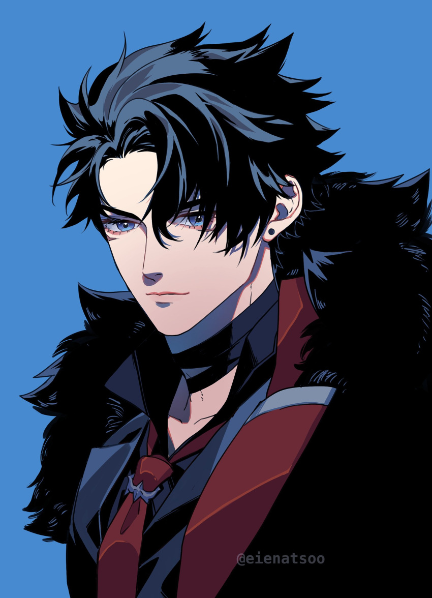 absurdres black_choker black_hair blue_background choker closed_mouth coat earrings eienatsoo english_commentary expressionless fur-trimmed_coat fur_trim genshin_impact hair_between_eyes highres jewelry necktie red_necktie short_hair simple_background twitter_username upper_body wriothesley_(genshin_impact)