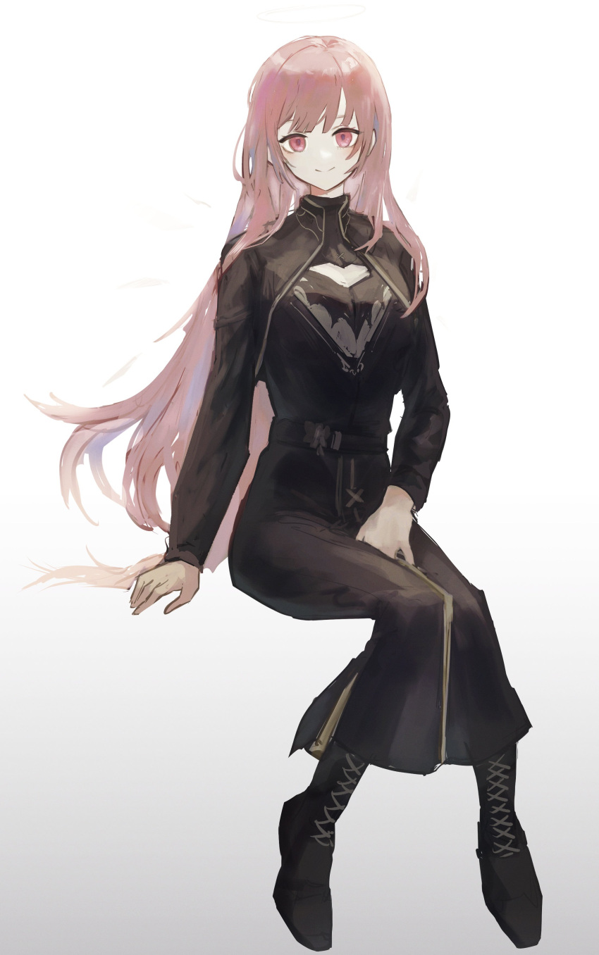 1girl absurdres aiv arknights black_dress boots detached_wings dress gradient_background halo highres invisible_chair lemuen_(arknights) long_hair pink_eyes pink_hair sitting smile wings