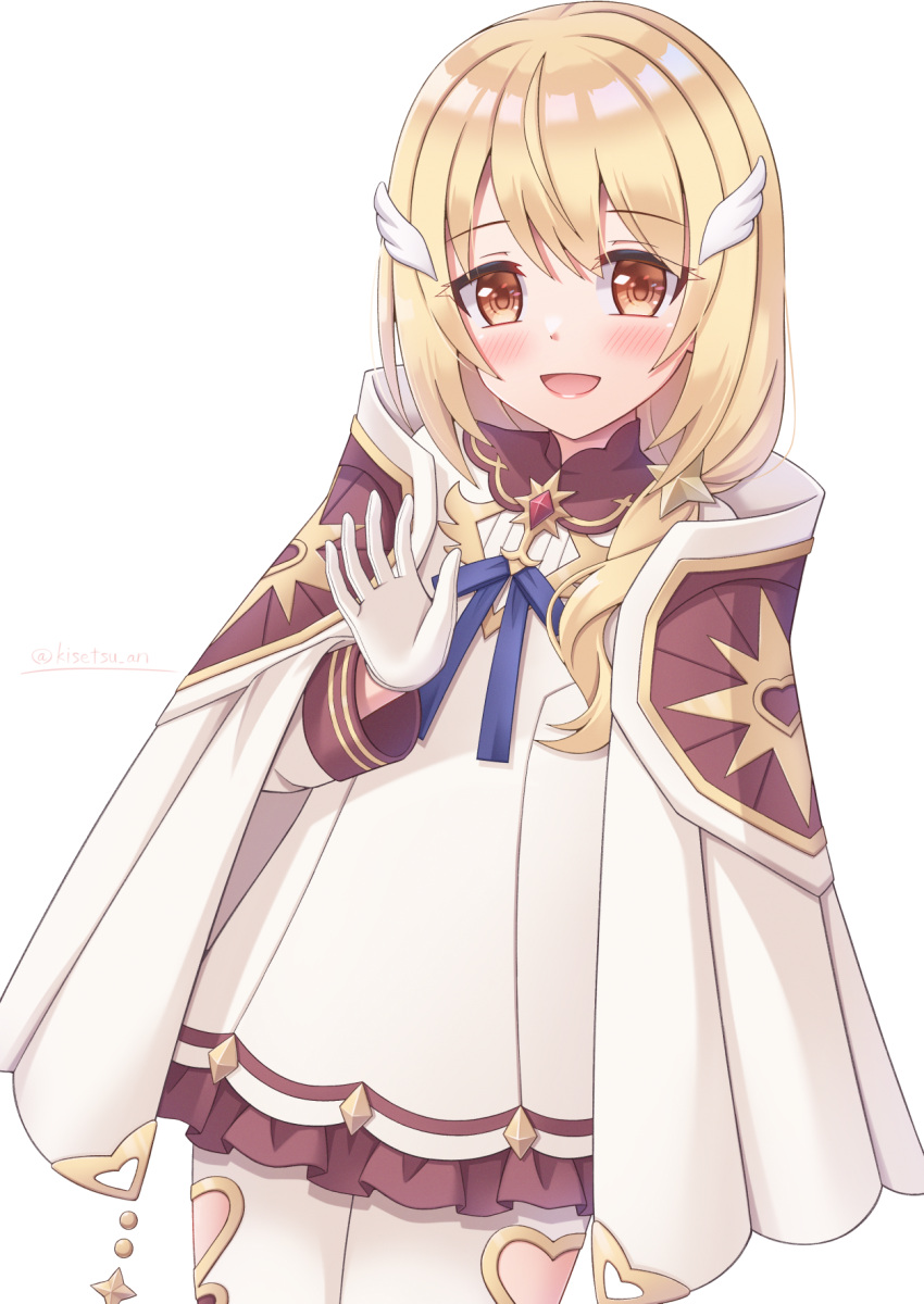 1girl blonde_hair blush breasts brown_eyes cape chest_jewel commentary_request feather_hair_ornament feathers gloves hair_between_eyes hair_ornament highres kisetsu_an looking_at_viewer medium_hair open_mouth pantyhose princess_connect! quria_(princess_connect!) small_breasts solo white_background