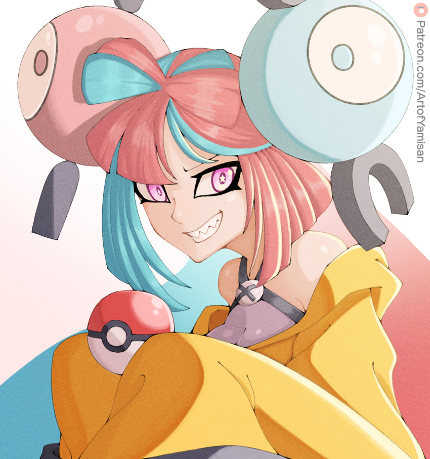 1girl character_hair_ornament hair_ornament highres holding holding_poke_ball iono_(pokemon) jacket long_sleeves looking_at_viewer multicolored_hair oversized_clothes patreon_username pink_eyes pink_hair poke_ball poke_ball_(basic) pokemon pokemon_sv sharp_teeth sleeves_past_fingers sleeves_past_wrists solo star-shaped_pupils star_(symbol) symbol-shaped_pupils teeth two-tone_hair upper_body yamisan yellow_jacket