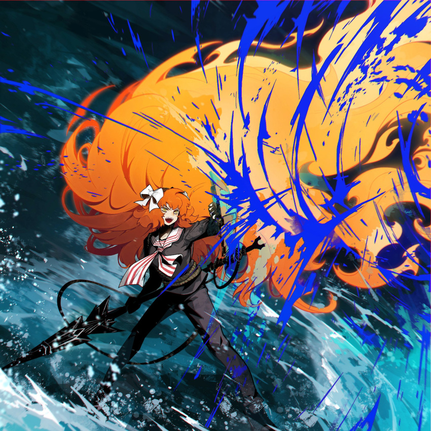 1girl absurdly_long_hair arm_shield black_pants black_shirt blood blue_blood bow e.g.o_(project_moon) fire flaw_eight floating_hair hair_bow harpoon highres holding holding_weapon ishmael_(project_moon) limbus_company long_hair long_sleeves neckerchief orange_hair pants project_moon shirt solo very_long_hair water weapon white_bow white_neckerchief