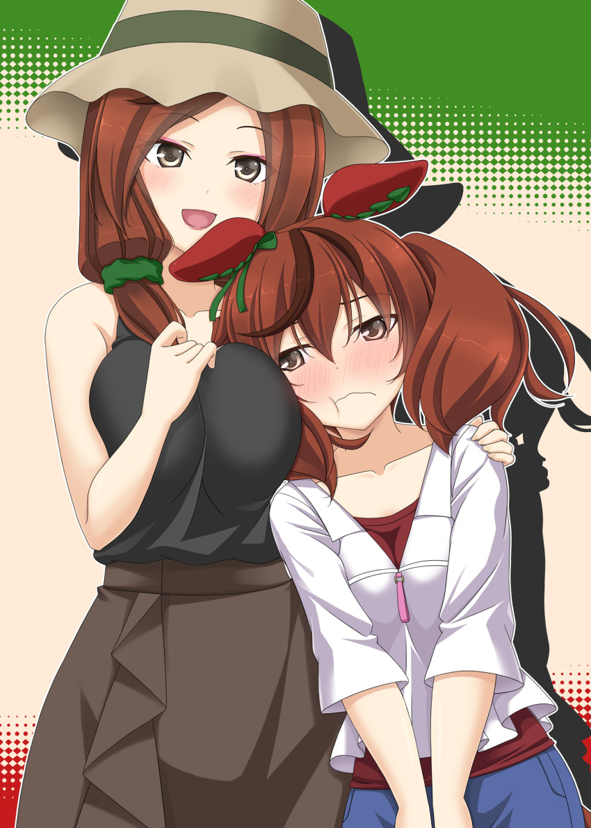 2girls animal_ears blue_shorts blush breast_press breasts brown_eyes brown_hair brown_headwear brown_skirt character_request cowboy_shot ear_covers hair_over_shoulder height_difference highres horse_ears horse_girl jacket large_breasts low_twintails medium_hair multicolored_hair multiple_girls nice_nature_(umamusume) nose_blush pout rappa_(rappaya) red_shirt shirt short_sleeves shorts skirt sleeveless sleeveless_shirt streaked_hair twintails umamusume white_jacket