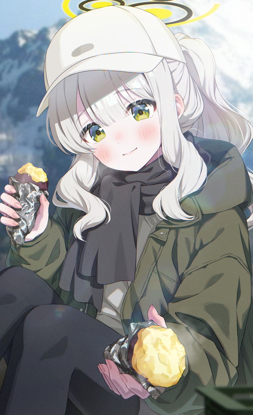 1girl absurdres black_pantyhose black_scarf blue_archive blush closed_mouth fingernails food green_eyes green_jacket halo hare_(blue_archive) hare_(camp)_(blue_archive) hat highres holding holding_food hood hood_down hooded_jacket jacket long_hair long_sleeves looking_at_viewer momomoi_momoi official_alternate_costume open_clothes open_jacket pantyhose ponytail scarf smile solo sweet_potato white_hair white_headwear