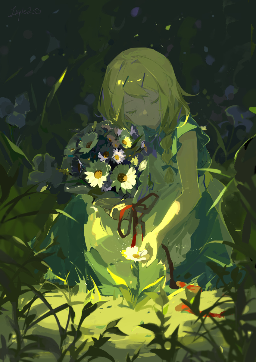 1girl absurdres apron blonde_hair blue_dress blurry bouquet braid closed_eyes closed_mouth colored_eyelashes daisy depth_of_field dress flat_chest flower grass green_theme hair_ornament hair_ribbon hairclip highres holding holding_bouquet irple kagamine_rin light_smile lily_(flower) red_ribbon ribbon side_braid smile solo squatting sundress swept_bangs vocaloid white_apron white_flower