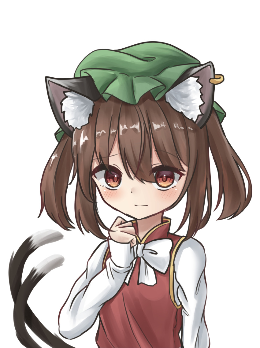 1girl absurdres alternate_hairstyle animal_ear_fluff animal_ear_piercing animal_ears blush bow bowtie brown_eyes brown_hair cat_ears cat_tail chen closed_mouth commentary_request earrings expressionless flat_chest gold_trim green_headwear hair_between_eyes hand_up hat highres jewelry long_sleeves looking_at_viewer medium_hair mob_cap multiple_tails nekomata petite simple_background single_earring sleeves_past_wrists solo tail touhou tsubakipan twintails two_tails upper_body white_background white_bow white_bowtie