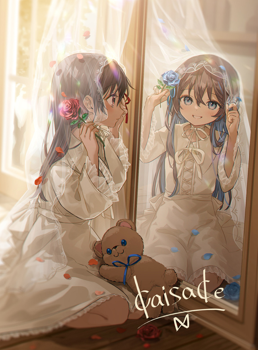 2girls blue_eyes blue_flower blue_hair blue_ribbon blue_rose brown_hair child collared_dress colored_inner_hair commentary_request crossed_bangs different_reflection dot_nose dress flower hair_between_eyes highres holding holding_flower kneeling long_hair looking_at_another mirror multicolored_hair multiple_girls neck_ribbon original red_eyes red_flower red_rose reflection ribbon rose sake_(utopia_modoki) siblings sisters smile stuffed_animal stuffed_toy teddy_bear teeth twins white_dress white_ribbon