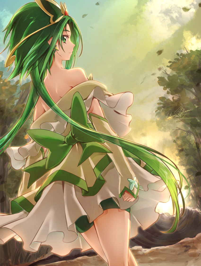 1girl akimoto_komachi arm_warmers back back_bow bow brooch butterfly_brooch butterfly_earrings butterfly_hair_ornament clear_glass_(mildmild1311) cure_mint dress earrings forest green_eyes green_hair green_shorts hair_ornament highres jewelry leaf lips long_hair looking_at_viewer looking_back magical_girl nature outdoors precure shorts shorts_under_skirt strapless strapless_dress sunlight sunset tree wind yes!_precure_5