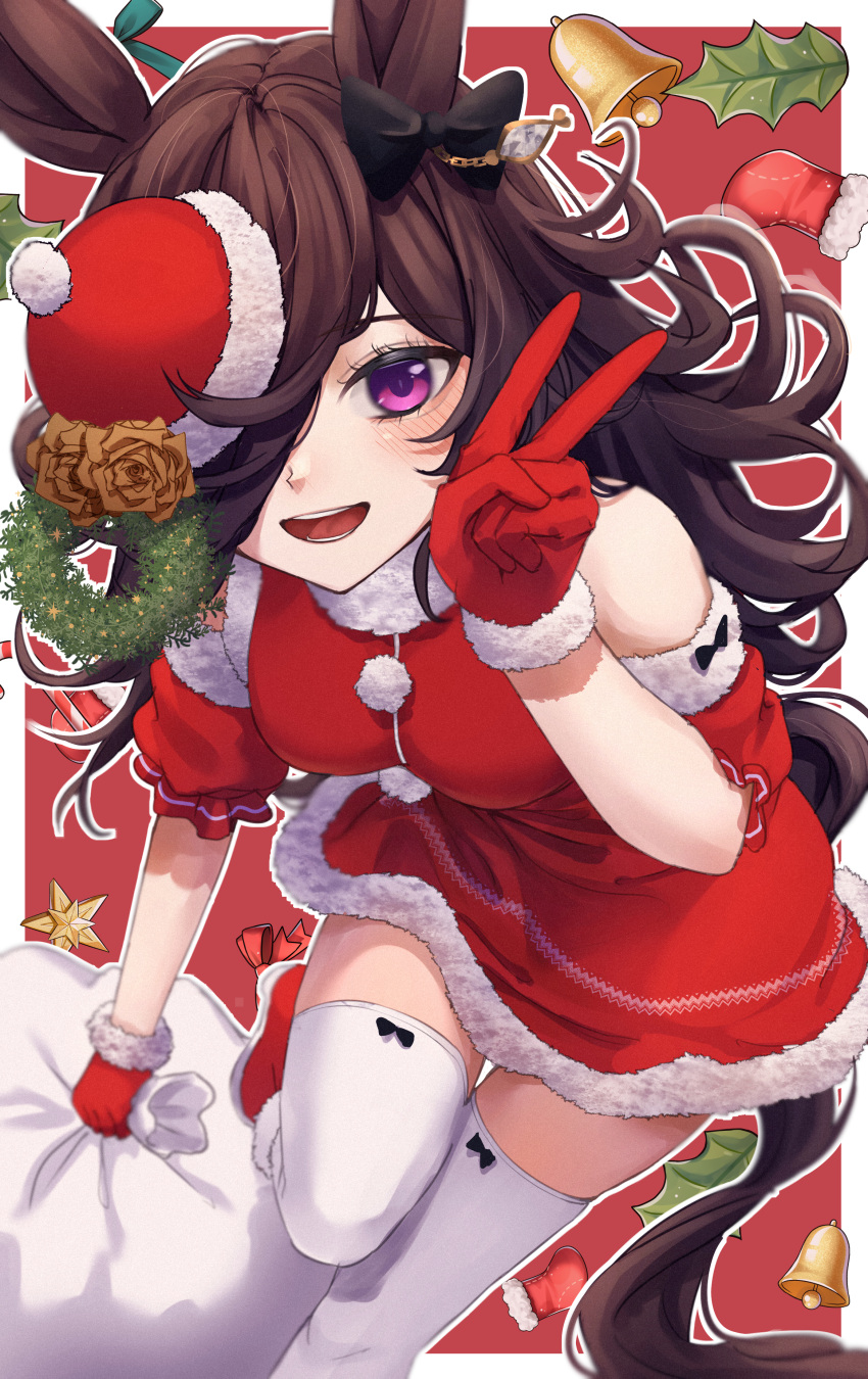 1girl absurdres animal_ears bell bow brown_hair christmas christmas_stocking dress ear_bow flower fur-trimmed_dress fur-trimmed_headwear fur_trim gloves hair_over_one_eye hand_up hat hat_flower highres holding holding_sack horse_ears horse_girl inui_(inuiw_) long_hair looking_at_viewer red_dress red_gloves red_headwear rice_shower_(umamusume) sack santa_dress santa_gloves santa_hat solo thigh-highs tilted_headwear umamusume v violet_eyes white_thighhighs